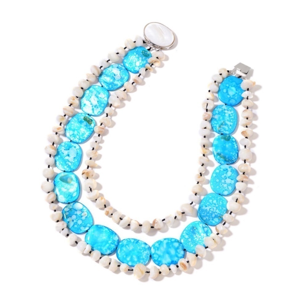 Blue and White Shell Triple Strand Bib Necklace